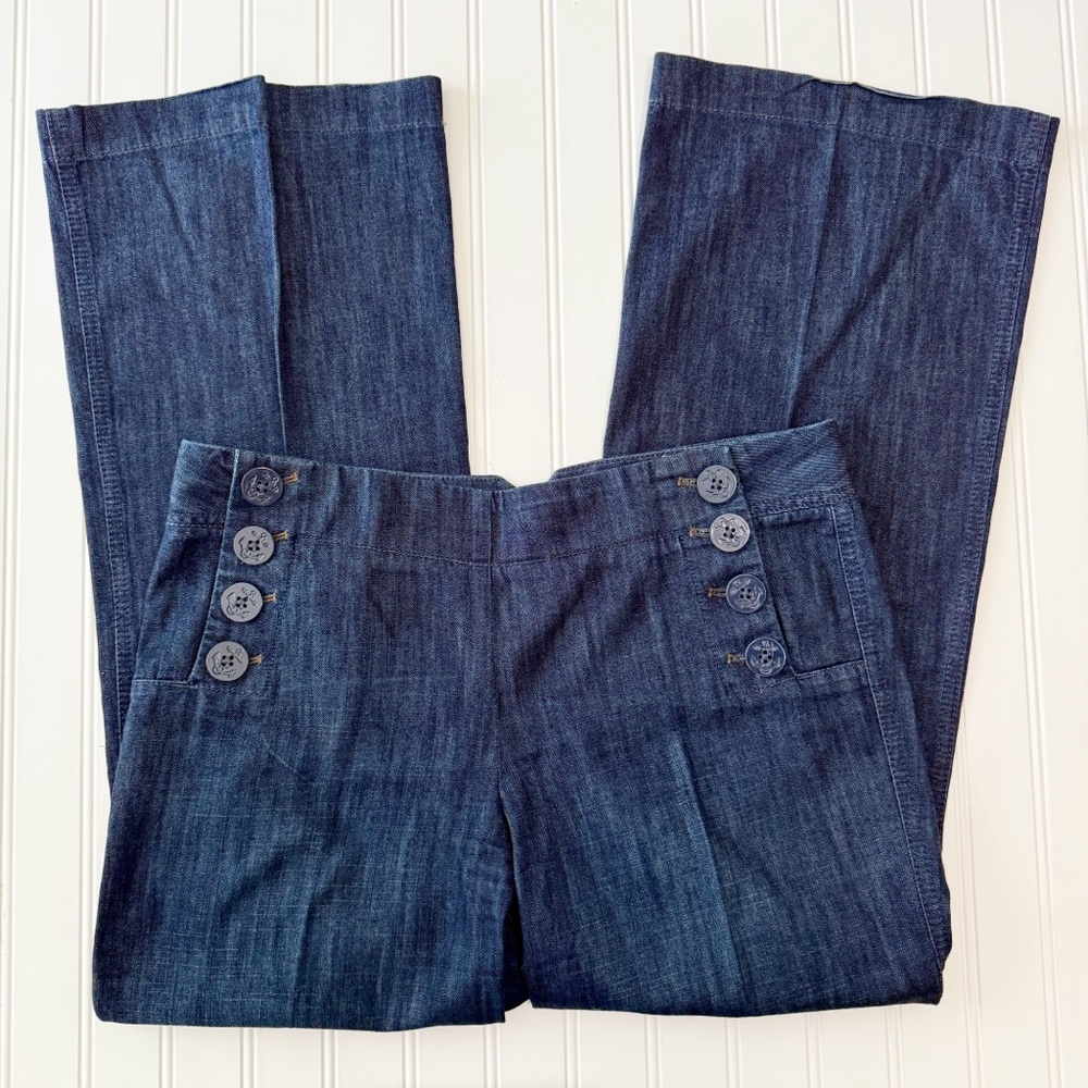 LOFT Dark Blue Wide-Leg Pants with Button Detail